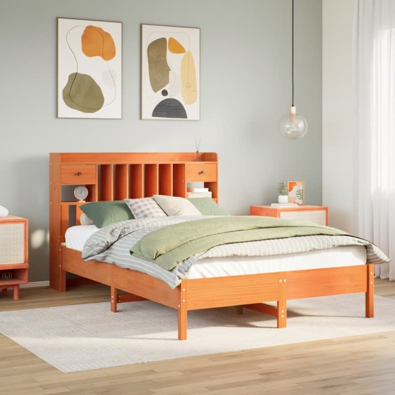 vidaXL Massivholzbett mit Regal ohne Matratze Wachsbraun 150x200 cm vidaXL Massivholzbett mit Regal ohne Matratze Wachsbraun 150x200 cm