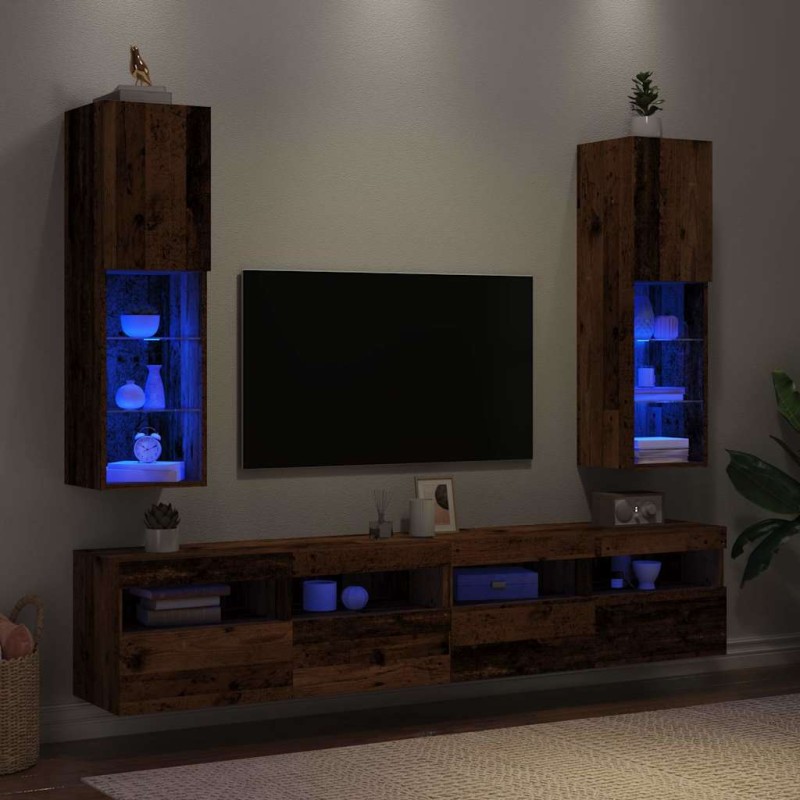 vidaXL TV-Schränke mit LED-Leuchten 2 Stk. Altholz-Optik 30,5x30x102cm vidaXL TV-Schränke mit LED-Leuchten 2 Stk. Altholz-Optik 30,5x30x102cm