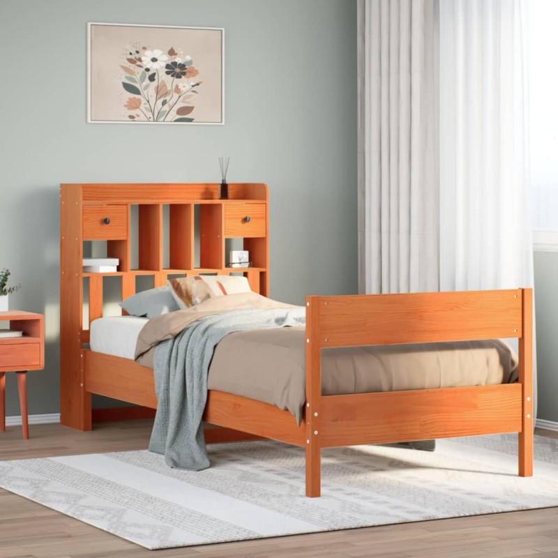 vidaXL Massivholzbett mit Regal ohne Matratze Wachsbraun 90x190 cm vidaXL Massivholzbett mit Regal ohne Matratze Wachsbraun 90x190 cm
