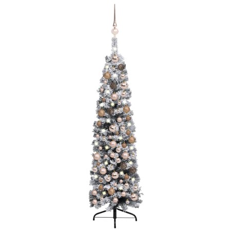 Weihnachtsbaum Schlank Beschneit mit LEDs & Kugeln Grün 120 cm