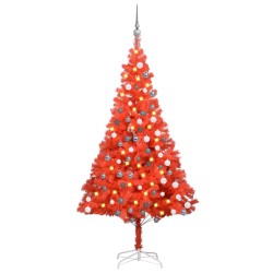 Künstlicher Weihnachtsbaum mit LEDs & Kugeln Rot 180 cm PVC