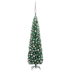Künstlicher Weihnachtsbaum Schlank mit LEDs & Kugeln Grün 210cm