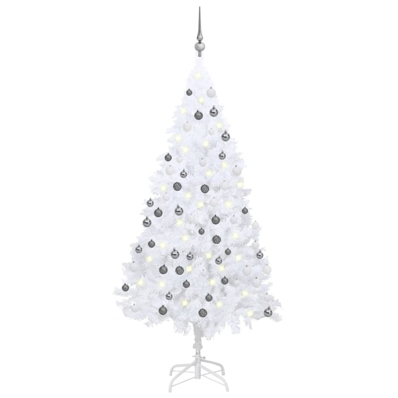 Künstlicher Weihnachtsbaum mit LEDs & Kugeln Weiß 150 cm PVC Künstlicher Weihnachtsbaum mit LEDs & Kugeln Weiß 150 cm PVC