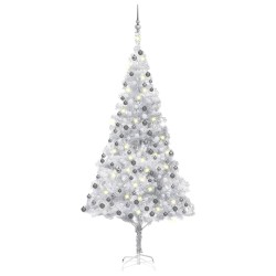Künstlicher Weihnachtsbaum mit LEDs & Kugeln Silbern 210 cm PET