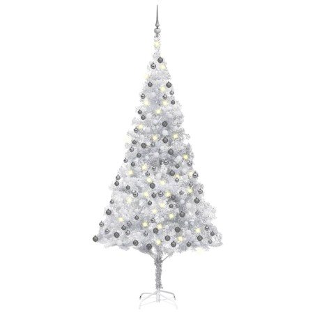 Künstlicher Weihnachtsbaum mit LEDs & Kugeln Silbern 210 cm PET