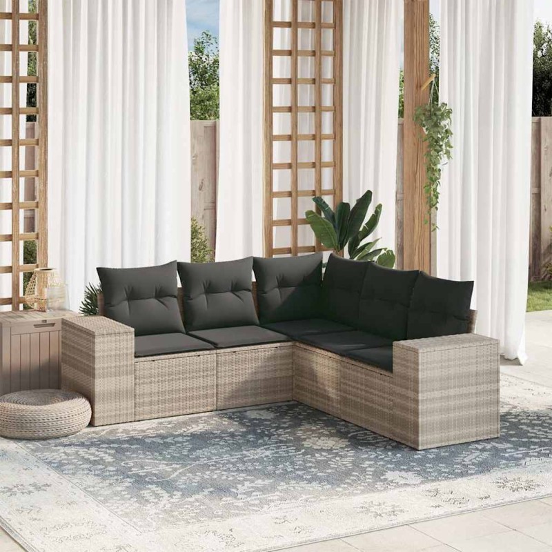 vidaXL 5-tlg. Garten-Sofagarnitur mit Kissen Hellgrau Poly Rattan vidaXL 5-tlg. Garten-Sofagarnitur mit Kissen Hellgrau Poly Rattan