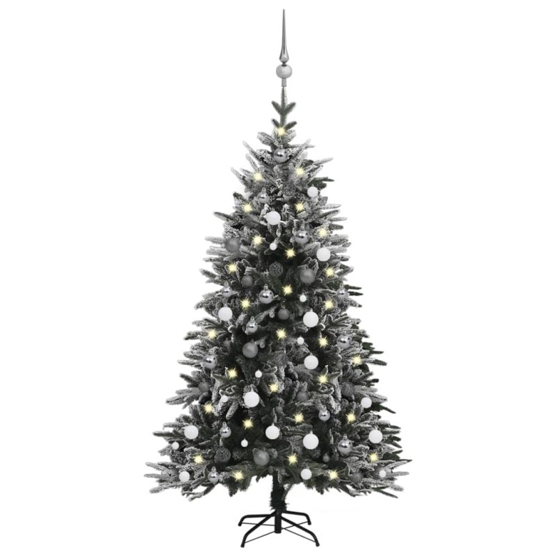 Künstlicher Weihnachtsbaum Schnee LEDs & Kugeln 150 cm PVC & PE Künstlicher Weihnachtsbaum Schnee LEDs & Kugeln 150 cm PVC & PE