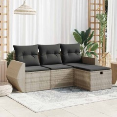 vidaXL 4-tlg. Garten-Sofagarnitur mit Kissen Hellgrau Poly Rattan