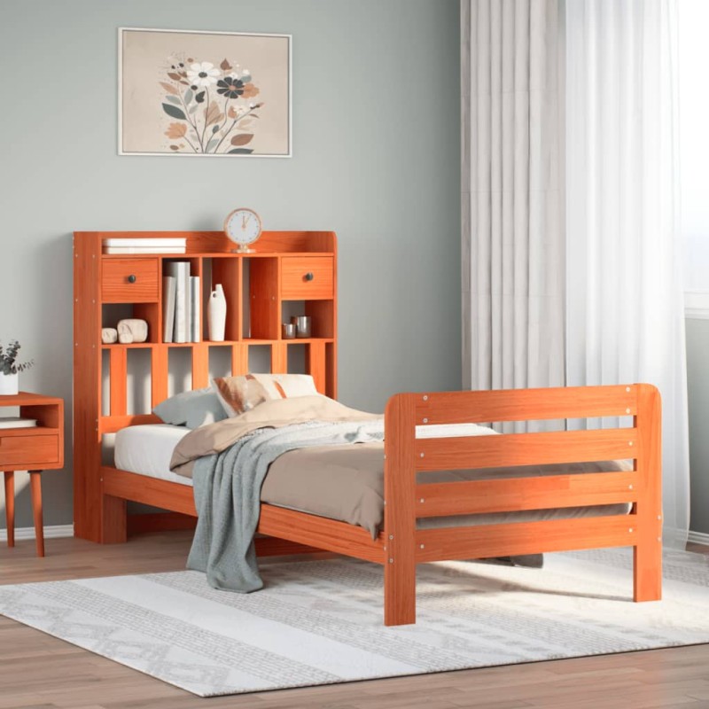 vidaXL Massivholzbett mit Regal ohne Matratze Wachsbraun 100x200 cm vidaXL Massivholzbett mit Regal ohne Matratze Wachsbraun 100x200 cm