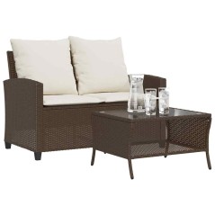 vidaXL Gartensofa 2-Sitzer mit Kissen & Tisch Braun Poly Rattan