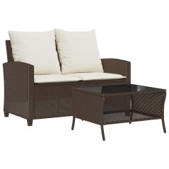 vidaXL Gartensofa 2-Sitzer mit Kissen & Tisch Braun Poly Rattan