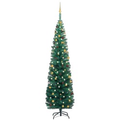 Künstlicher Weihnachtsbaum Schlank mit LEDs & Kugeln Grün 240cm