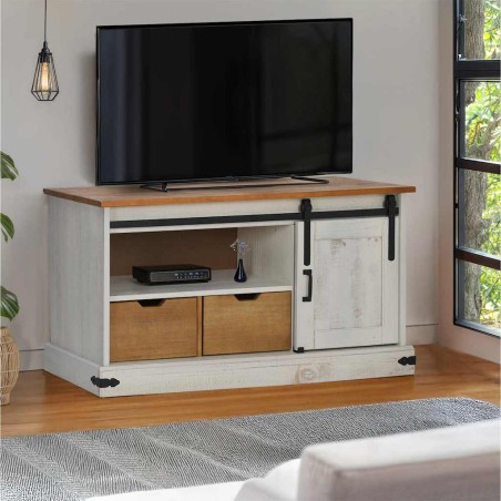 vidaXL TV-Schrank HALDEN mit Schiebetür Weiß 110x40x60 cm Massivholz