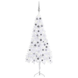 Künstlicher Eck-Weihnachtsbaum LEDs & Kugeln Weiß 180 cm PVC
