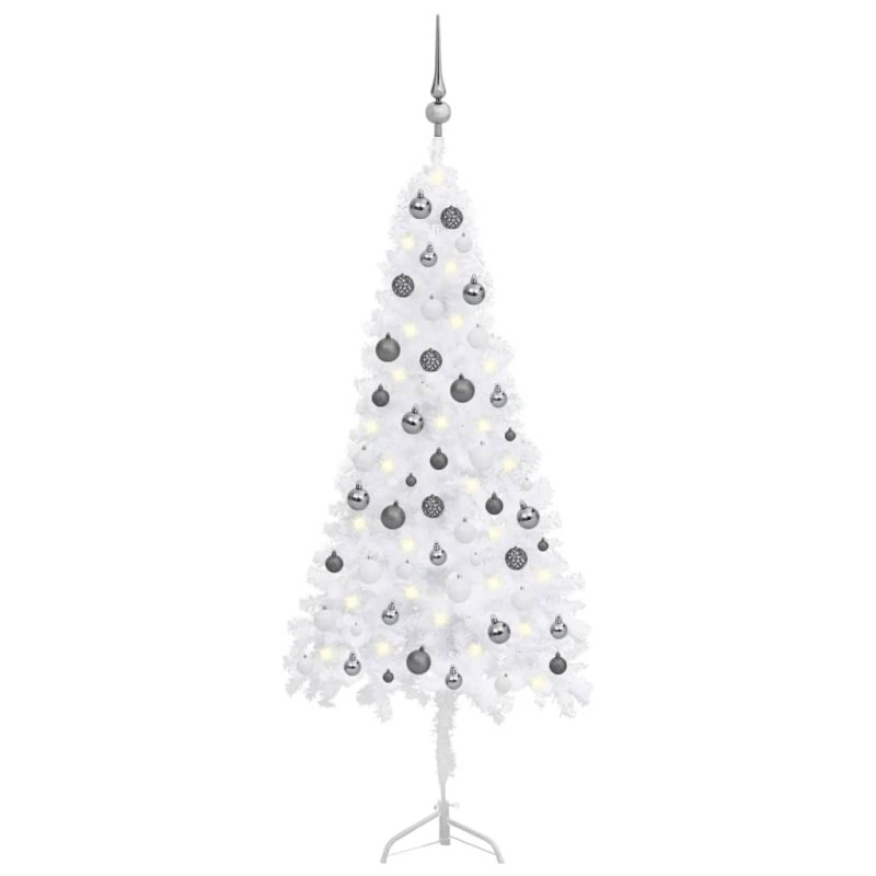 Künstlicher Eck-Weihnachtsbaum LEDs & Kugeln Weiß 150 cm PVC Künstlicher Eck-Weihnachtsbaum LEDs & Kugeln Weiß 150 cm PVC