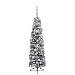 Weihnachtsbaum Schlank Beschneit mit LEDs & Kugeln Grün 120 cm