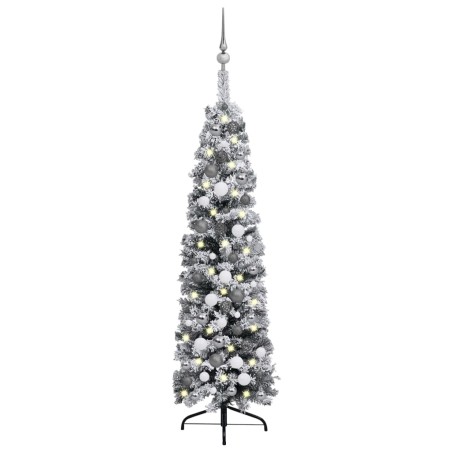 Weihnachtsbaum Schlank Beschneit mit LEDs & Kugeln Grün 120 cm