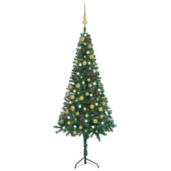 Künstlicher Eck-Weihnachtsbaum LEDs & Kugeln Grün 150 cm PVC