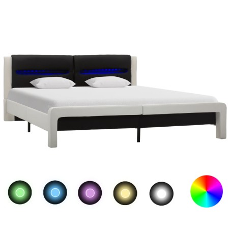 vidaXL Bettgestell mit LED Weiß und Schwarz Kunstleder 180x200 cm 