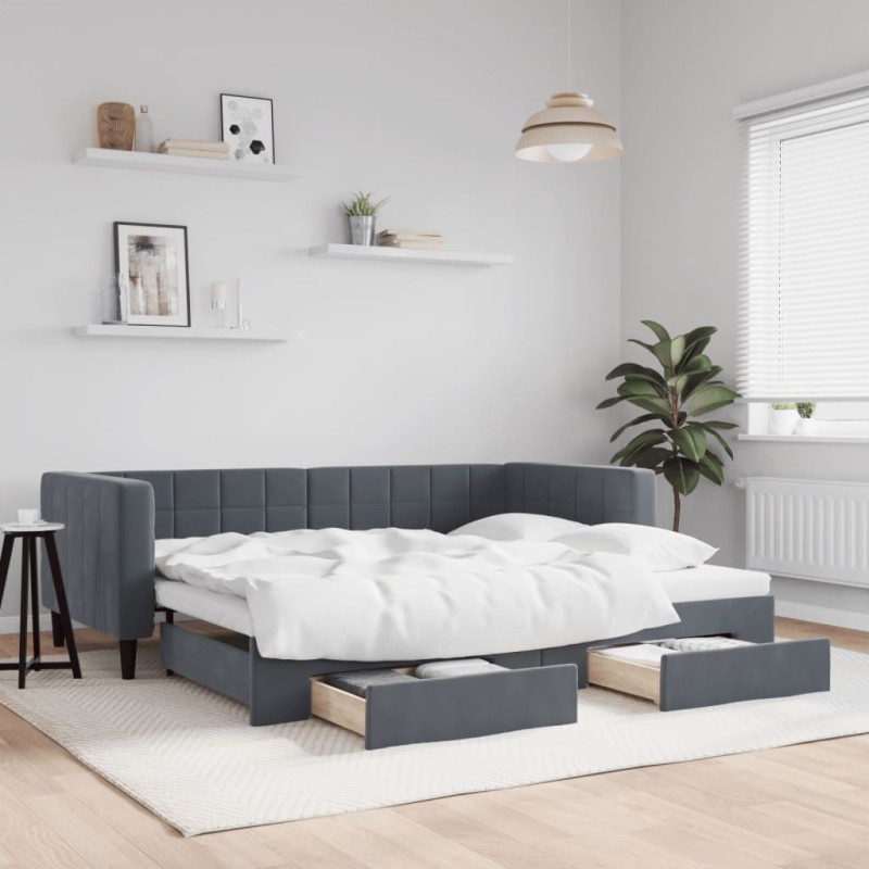 vidaXL Tagesbett Ausziehbar mit Schubladen Dunkelgrau 90x190 cm Samt vidaXL Tagesbett Ausziehbar mit Schubladen Dunkelgrau 90x190 cm Samt