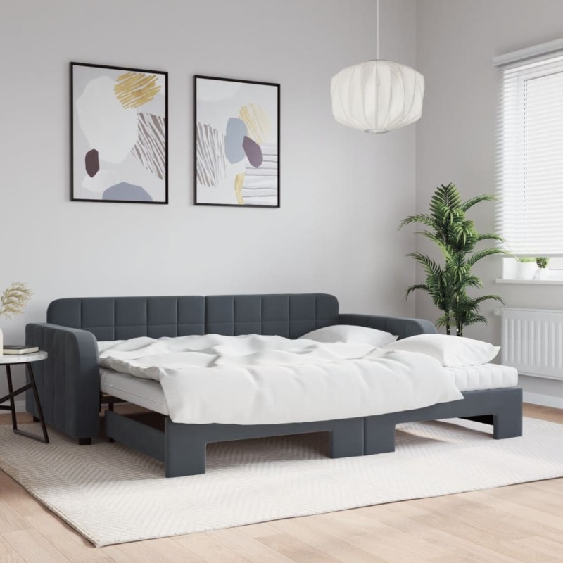 vidaXL Tagesbett Ausziehbar mit Matratzen Dunkelgrau 90x190 cm Samt vidaXL Tagesbett Ausziehbar mit Matratzen Dunkelgrau 90x190 cm Samt