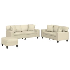 vidaXL 3-tlg. Sofagarnitur mit Kissen Creme Kunstleder