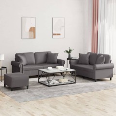 vidaXL 3-tlg. Sofagarnitur mit Kissen Grau Kunstleder