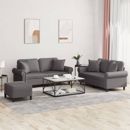 vidaXL 3-tlg. Sofagarnitur mit Kissen Grau Kunstleder