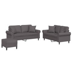 vidaXL 3-tlg. Sofagarnitur mit Kissen Grau Kunstleder