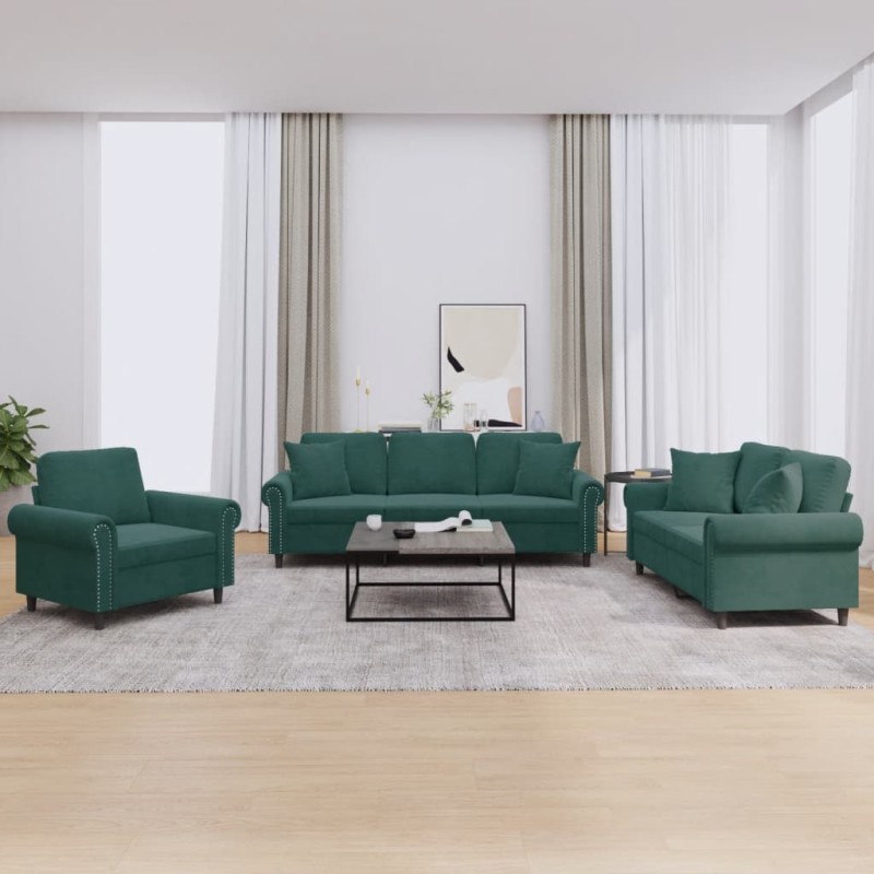 vidaXL 3-tlg. Sofagarnitur mit Kissen Dunkelgrün Samt vidaXL 3-tlg. Sofagarnitur mit Kissen Dunkelgrün Samt