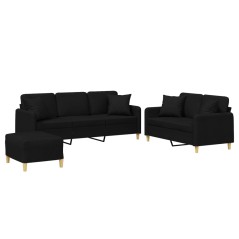 vidaXL 3-tlg. Sofagarnitur mit Kissen Schwarz Stoff