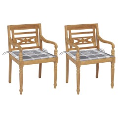 vidaXL Batavia-Stühle 2 Stk. Graue Karomuster-Kissen Teak Massivholz