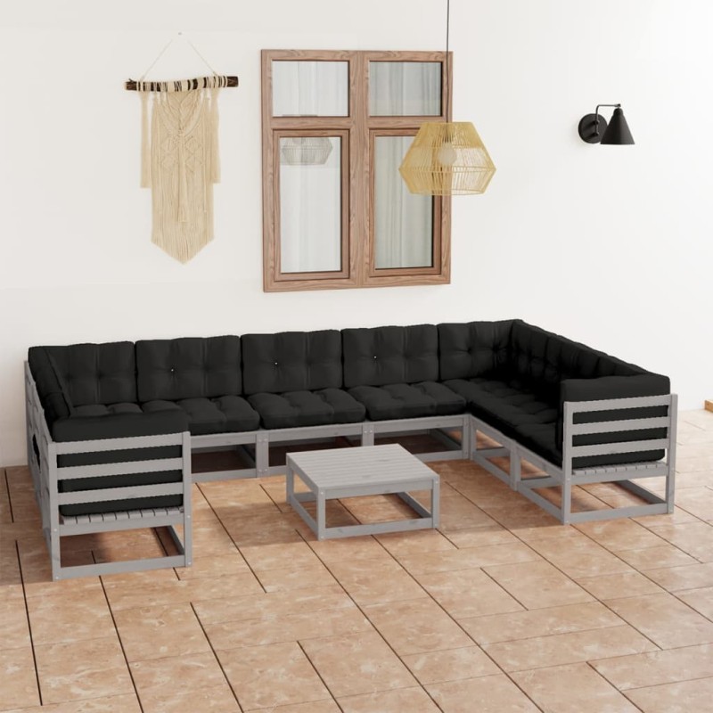 vidaXL 10-tlg. Garten-Lounge-Set mit Kissen Grau Massivholz Kiefer vidaXL 10-tlg. Garten-Lounge-Set mit Kissen Grau Massivholz Kiefer