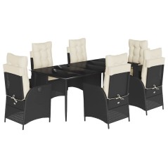 vidaXL 7-tlg. Garten-Essgruppe mit Kissen Schwarz Poly Rattan