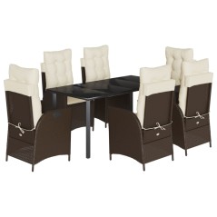 vidaXL 7-tlg. Garten-Essgruppe mit Kissen Braun Poly Rattan