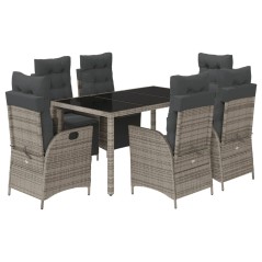 vidaXL 7-tlg. Garten-Essgruppe mit Kissen Grau Poly Rattan
