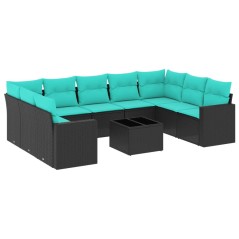 vidaXL 10-tlg. Garten-Sofagarnitur mit Kissen Schwarz Poly Rattan