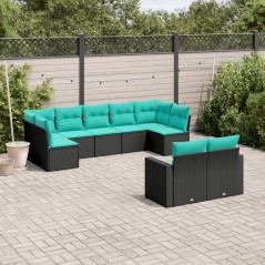 vidaXL 9-tlg. Garten-Sofagarnitur mit Kissen Schwarz Poly Rattan