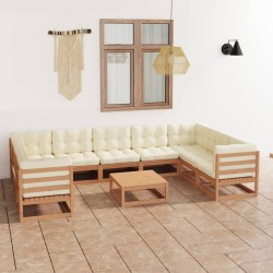10-tlg. Garten-Lounge-Set Kissen Honigbraun Kiefer Massivholz