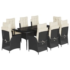 vidaXL 9-tlg. Garten-Essgruppe mit Kissen Schwarz Poly Rattan