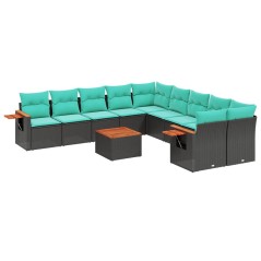 vidaXL 11-tlg. Garten-Sofagarnitur mit Kissen Schwarz Poly Rattan