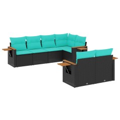 vidaXL 7-tlg. Garten-Sofagarnitur mit Kissen Schwarz Poly Rattan