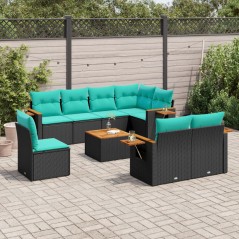 vidaXL 9-tlg. Garten-Sofagarnitur mit Kissen Schwarz Poly Rattan