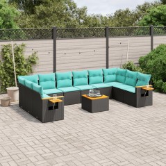 vidaXL 11-tlg. Garten-Sofagarnitur mit Kissen Schwarz Poly Rattan