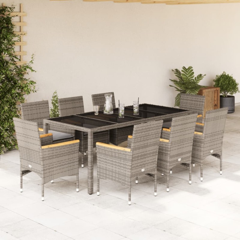 vidaXL 9-tlg. Garten-Essgruppe mit Kissen Grau Poly Rattan und Glas vidaXL 9-tlg. Garten-Essgruppe mit Kissen Grau Poly Rattan und Glas