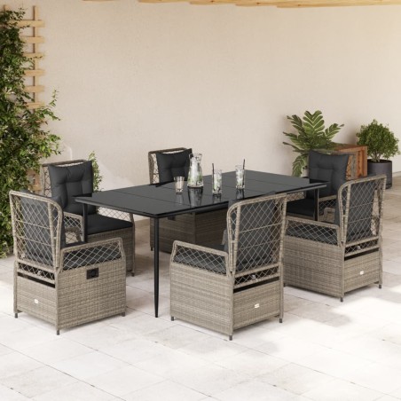 vidaXL 7-tlg. Garten-Essgruppe mit Kissen Hellgrau Poly Rattan