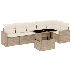 vidaXL 7-tlg. Garten-Sofagarnitur mit Kissen Beige Poly Rattan