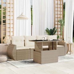 vidaXL 5-tlg. Garten-Sofagarnitur mit Kissen Beige Poly Rattan