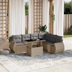vidaXL 7-tlg. Garten-Sofagarnitur mit Kissen Beige Poly Rattan