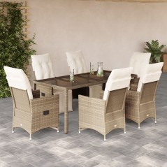 vidaXL 7-tlg. Garten-Bistro-Set mit Kissen Beige Poly Rattan